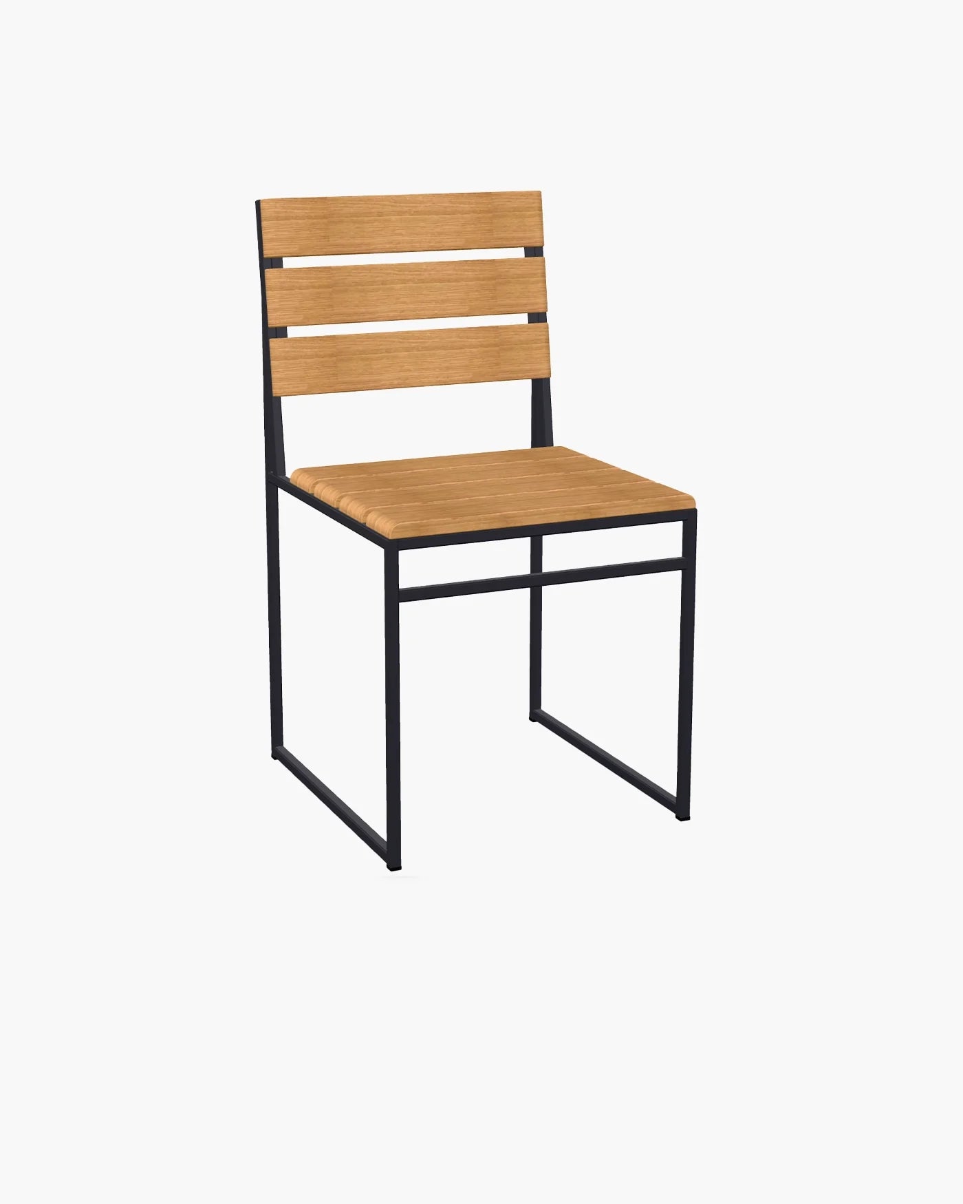 Isa Wood Chair from by Crea with clean Scandinavian lines, oak wood slats, and a matte black frame, ideal for modern dining spaces or outdoor patios.